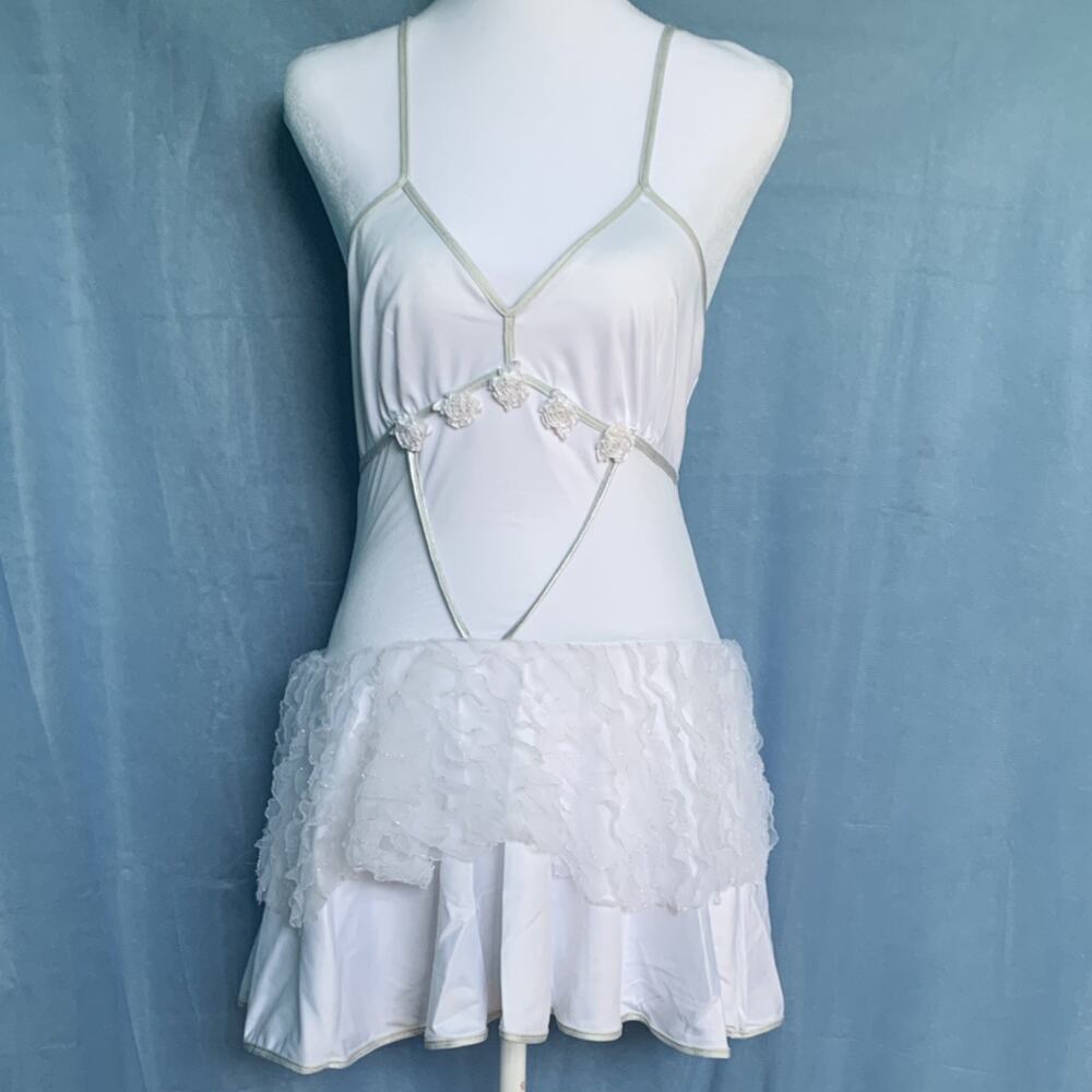 Roma White Showgirl Dress S/M Stretch Nylon Spandex Floral Trim